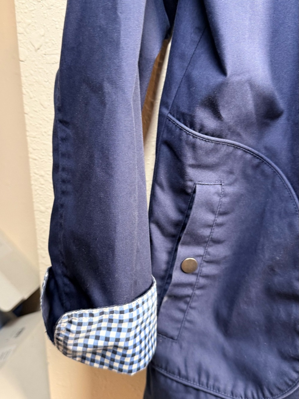 Blair Navy Blue Hooded Utility Rain Jacket Gingham Trim Coat - Picture 5 of 11